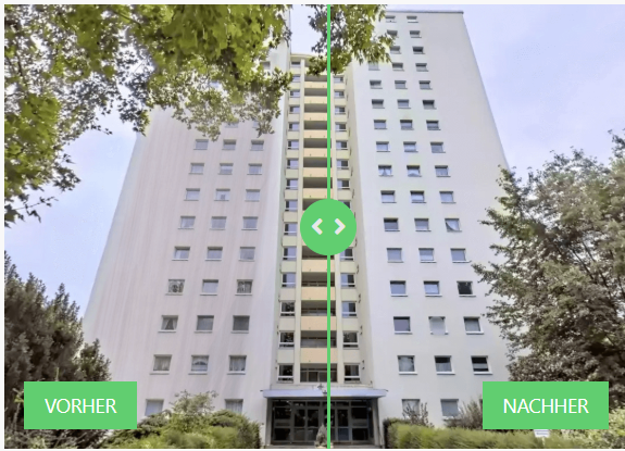 Vorher-Nachher Vergleich einer Hochhausfassade