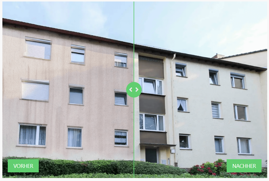 Mehrfamilienhaus vor, während und nach der Fassadenreinigung mit Drohnentechnik