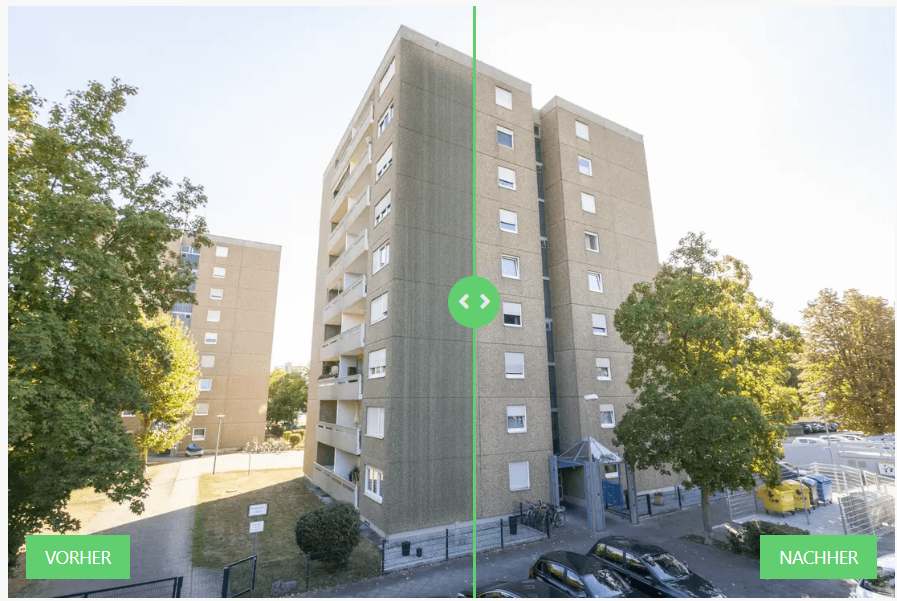 Vorher-Nachher Vergleich einer großen Wohnfassade